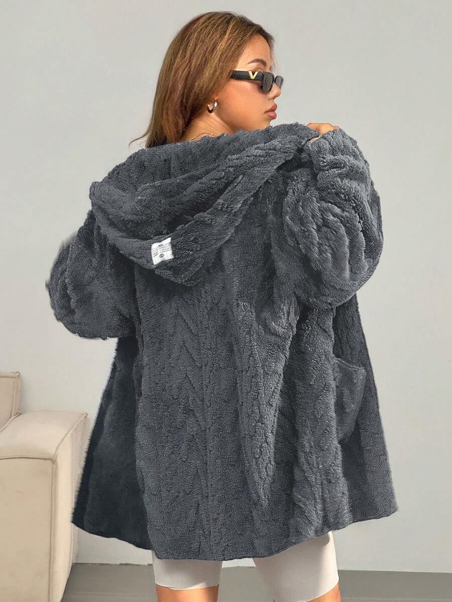 SHEIN EZwear Abrigo con capucha de manga larga de invierno suelto y casual con parches, bolsillo y efecto pelusilla blanco