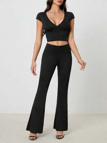 SHEIN Tall Women's Short-Sleeved Top And Bootcut Trousers Two-Piece Set - Black - View 6