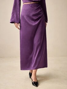 BizChic Chân váy dài xếp ly thanh lịch màu trơn cho nữ - Màu tím - Xem 4