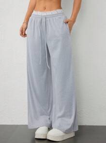 SHEIN PETITE Pantalones largos informales con cintura con cordón, parche de encaje y contraste de color