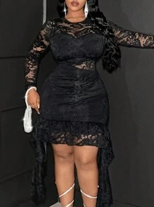 Maweii Plus Size Women Lace Trimmed Flounce Sleeve Semi-Sheer Long Dress - Black - View 7