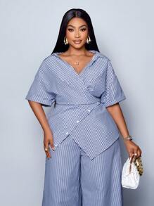 SOLERSUN 大码夏季条纹印花纽扣前不对称下摆衬衫和阔腿裤套装，秋季服装，优雅，日常通勤旅行休闲两件套