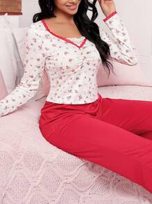 SweetSlumber Set de pijama de 2 piezas con estampado floral diminuto para mujer