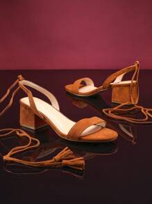 SHUZIA Giày mùa xuân đế thấp đế thô thời trang mới màu lạc đà giả da lộn thanh lịch quấn quanh mắt cá chân tua rua - Lạc đà - Xem 2