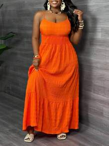 Slaydiva Plus Size V-Neck Orange Camisole Cinched Waist Flared Maxi Dress, Vacation Style,Beach Dress Sundress,Holiday Outfits Boho