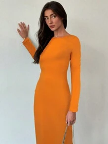 Aloruh Women's Backless Solid Color Casual Dress, Simple Style For Everyday Wear - Orange - View 6