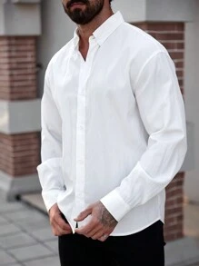 Manfinity Homme Plus Size Men's Solid Color Long Sleeve Single-Breasted Casual Shirt, For Fall - White - View 4