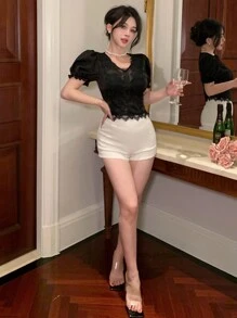 DAZY Bodycon Lace Top With V-Neck Short Sleeve, Elegant For Weddings And Banquets,Crop Tops Women - Black - View 2