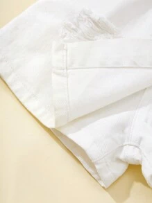 SHEIN 女童不对称下摆做旧白色牛仔短裙，适合春夏休闲度假乡村波西米亚风，沙滩装，西部街头风，春假，锐舞节 - 白色 - 查看 3