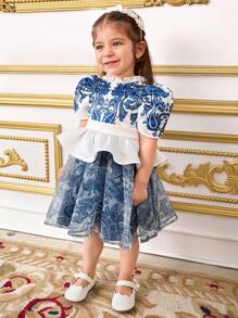 SHEIN 2pcs Baby Girl Elegant & Ruffled Peter Pan Collar Puff Sleeve Waisted Shirt And Skirt Set - Blue - View 6