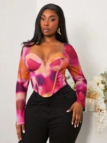 SHEIN SXY Top a bustier in rete con stampa astratta tie-dye, taglia grande, novità primavera/estate 2025, adatto per vacanza al mare, San Valentino, appuntamenti, compleanni, addio al nubilato, casual, shopping, uscite, facile da abbinare, snellente, valorizza la figura