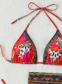 SHEIN Swim 3pcs/Set Bohemian Tie Neck Triangle Retro Bikini Swimwear Beach Outfit For Women For Summer Beach Vacation