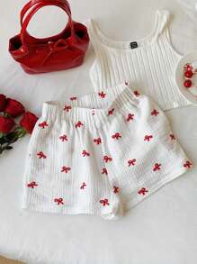 Comfortcana Women's Spring Red Valentine Casual Simple Bow Embroidery Shorts - White - View 6