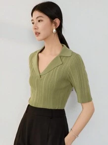 DAZY Women V-Neck Slim Fit Solid Color Casual Knit Top Business Casual Women - Mustard Yellow - View 6