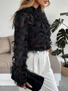 Rafferiza 女士时尚黑色毛绒长袖衬衫 - 黑色 - 查看 6