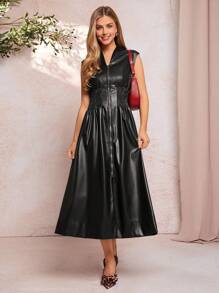 SHEIN Clasi Elegante vestido femenino negro con escote en V, cremallera y ajuste en la cintura en línea A