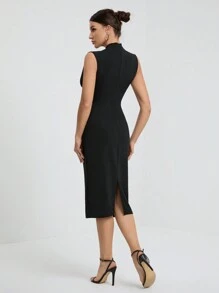 SHEIN Tall Women's Solid Color Pleated Fitted Elegant Sleeveless Dress,Business Casual Woman - Black - View 2