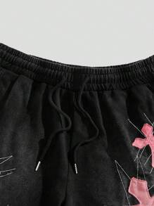 ROMWE MEN Goth Men's Cross Print Drawstring Waist Pocketed Casual Shorts