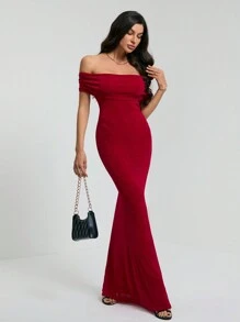 SHEIN Tall Summer Women's Solid Color One-Shoulder Sexy See-Through Elegant Fishtail Backless Tight Graduation Dress Long Skirt