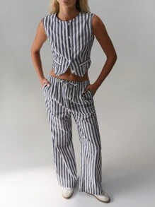 TRNVIE Retro Striped Linen Vest + Wide Leg Pants 2 Pieces Set - Blue - View 5