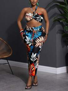 Slaydiva Plus Size Vrouwen Tropische Bloemenprint Halter Hals Tank Top & Getailleerde Rok 2-delige Set, Geschikt Voor Strand Resort
