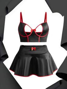 Fantasy Costume 3 Piece Plus Size Lingerie Set With Underwire And Hollow-Out Designs, Sexy Intimates - Black - View 1