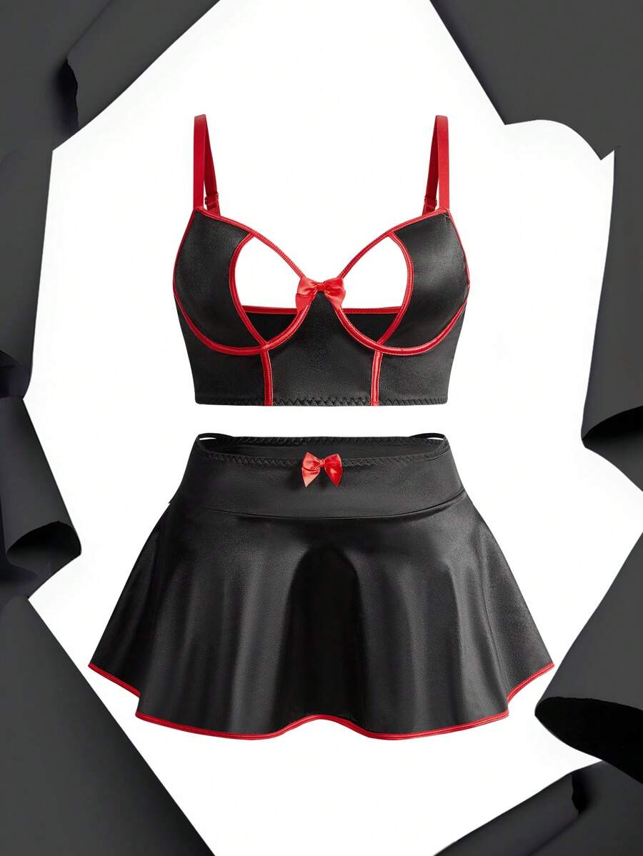 Fantasy Costume 3 Piece Plus Size Lingerie Set With Underwire And Hollow-Out Designs, Sexy Intimates - Black - View 1