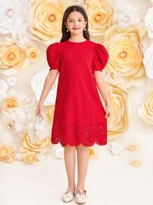 SHEIN 青少年女孩 V 领羊腿袖不对称下摆扎染休闲连衣裙 - 紅色 - 查看 3