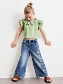 SHEIN Young Girls' Cute & Sweet Vintage Floral Embroidered Jeans
