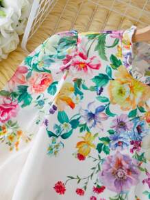 2pcs/Set Teen Girl Floral Print Frill Trim Long Sleeve Shirt And Pants Set