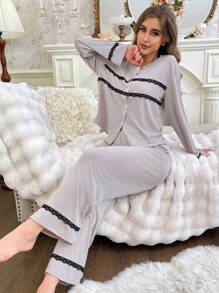 Women Lace Splice Open Front Pajama Set - Light Grey - View 5
