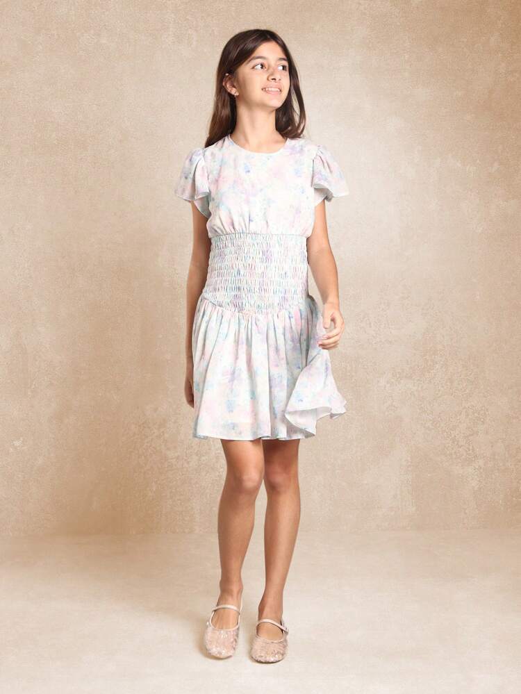 Empire Waist Flutter Sleeve Dress With Smocked Waist Detail