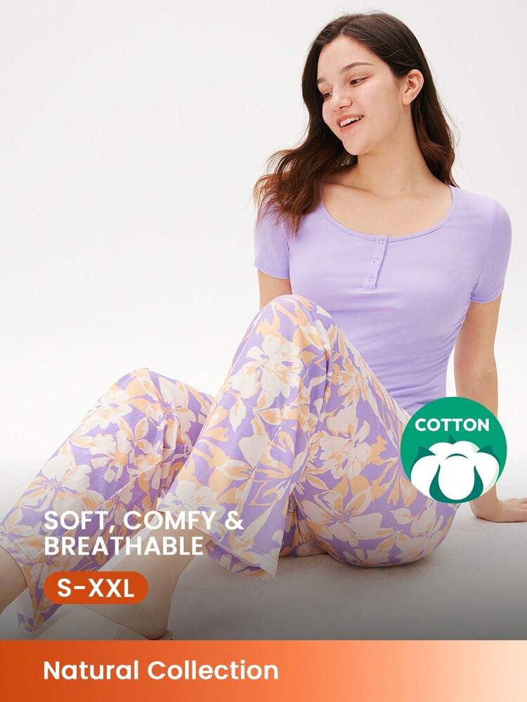 Conjunto de pijama holgado de camiseta tipo henley de algodón suave color púrpura y pantalones estampados para mujer, lencería como ropa exterior, primavera y verano