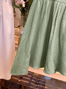 LMoss Kids LMoss Young Girl Woven Solid Color Round Neck Ruffled Hem Fitted Dress - Green - View 9