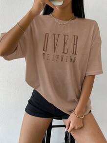 Flirla Drop Shoulder Letter Embroidery Top Graphic Tees Women Tops