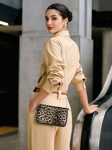 Fashionable Leopard Printed Women's Cross-Body Bag With Beaded Accents, Shoulder Handbag, Leopard Print Cheetah Bag For Women Leopard Comeback Winter Gifts - Khaki - View 4