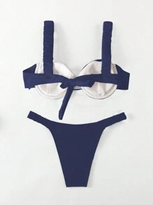 SHEIN Swim Women Solid Color Minimalist Bikini Top And Bottom Set For Summer Beach Vacation - Navy Blue - View 3