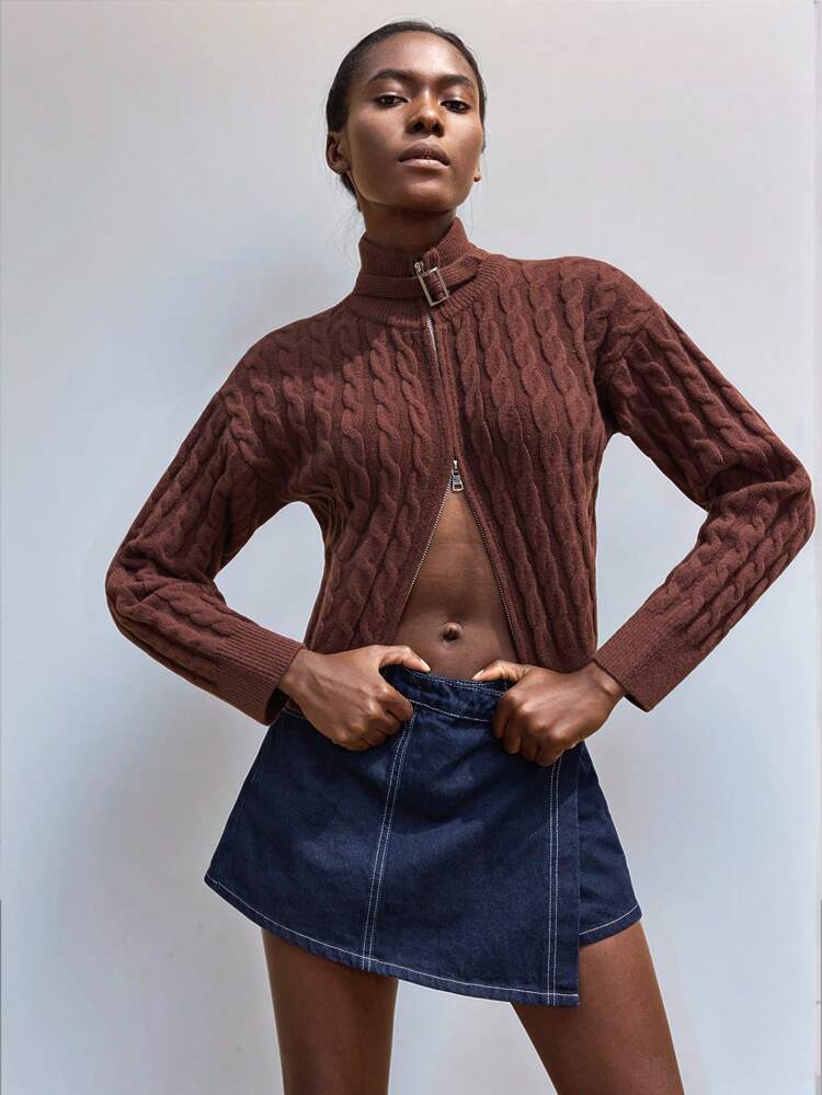 SHEIN Maija Women's Casual Everyday High Neck Zip-Up Sweater, Minimalist & Fashionable,Festival