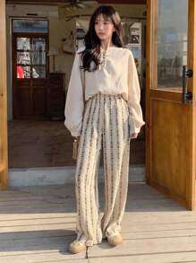 FRIFUL Damskie spodnie z szerokimi nogawkami i geometrycznym nadrukiem na co dzień na wakacje - Kolor khaki - Zobacz 7