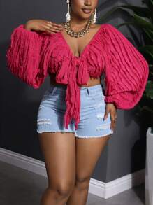 Slaydiva Áo cánh thắt nơ phía trước cỡ lớn, họa tiết màu đỏ hồng, thích hợp cho kỳ nghỉ hè - Màu Hồng Tươi - Xem 5