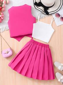 Sparklyn 少女优雅通勤三件套 | 韩版学院风上衣+吊带背心+百褶裙 | 时尚套装 | 公主范儿甜美百搭穿搭组合 - 玫紅色 - 查看 2