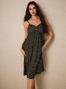 Poéselle Ditsy Floral Print Button Detail Cami Dress - Black - View 7