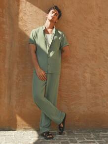 Manfinity VCAY 2pcs/Set Men's Casual Everyday Solid Color Loose-Fit Short Sleeve Shirt & Elastic Waist Straight Leg Pants Set - Green - View 3