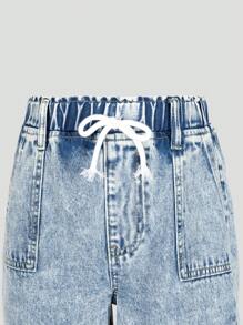 Tween Girls' Casual Light Blue Elasticated Waist Bow Decor Denim Wide Leg Jeans With Pockets - Light Wash - View 5