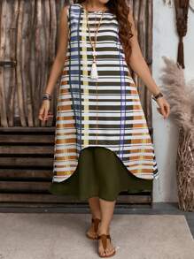 EMERY ROSE Plus Size Women Striped Round Neck Sleeveless Casual Dress - Multicolor - View 4