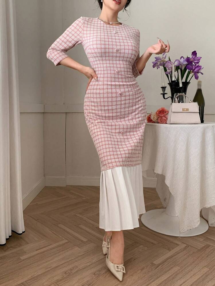 Color Block Plaid Pattern Elegant Date Outfit Fish Tail Midi Dress For Women With Mid-Sleeves Elegant,Ruffle Cocktail Dress