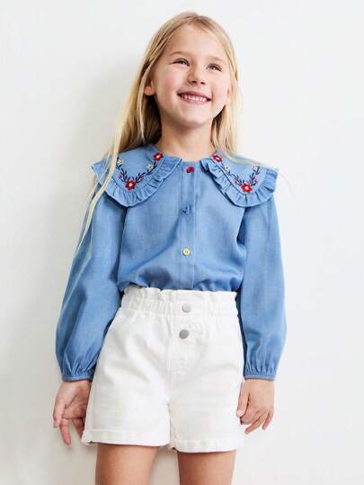 SHEIN Leap Crew Young Girls Loose Fit Floral Embroidery Colorful Button Blouses, Faux Denim,Casual, Mori Girl Style, Spring & Winter