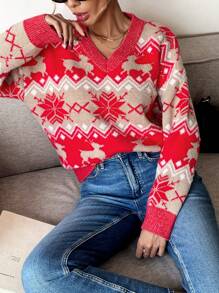 SHEIN Frenchy 女士休闲几何图案针织毛衣，秋冬 - 卡其色 - 查看 4