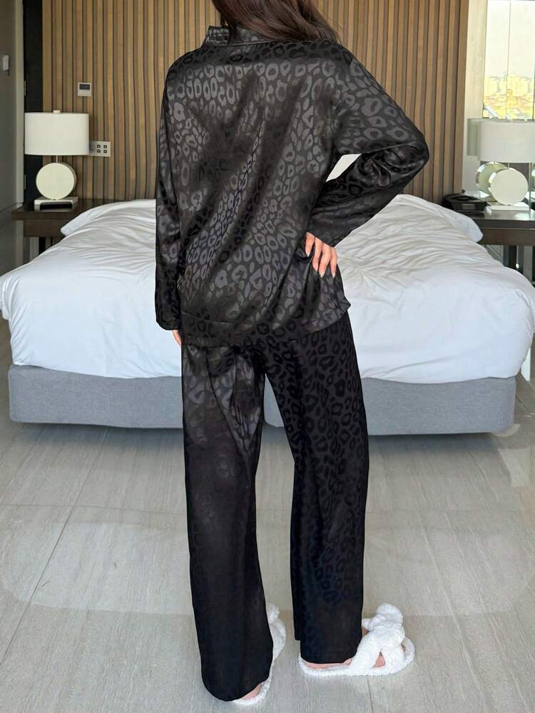 Satin Leopard Jacquard Loose Pajama Set, Fall Winter Clothes