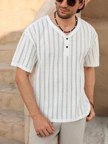 Genlund Men's Solid Color Button-Up V-Neck Short Sleeve Casual T-Shirt - White - View 1